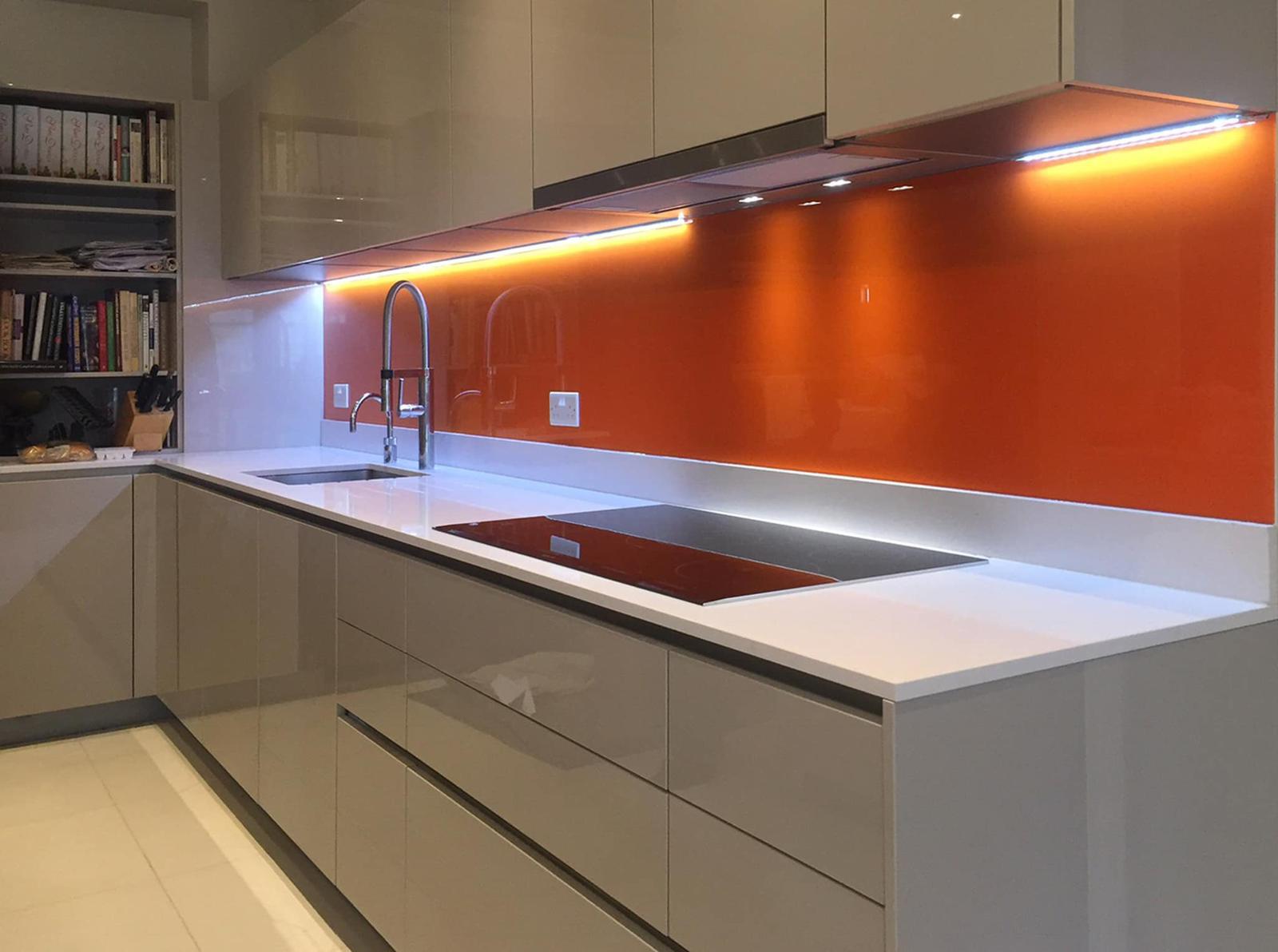 Modern Kitchen Quartz Worktops Orange Splashbacks 